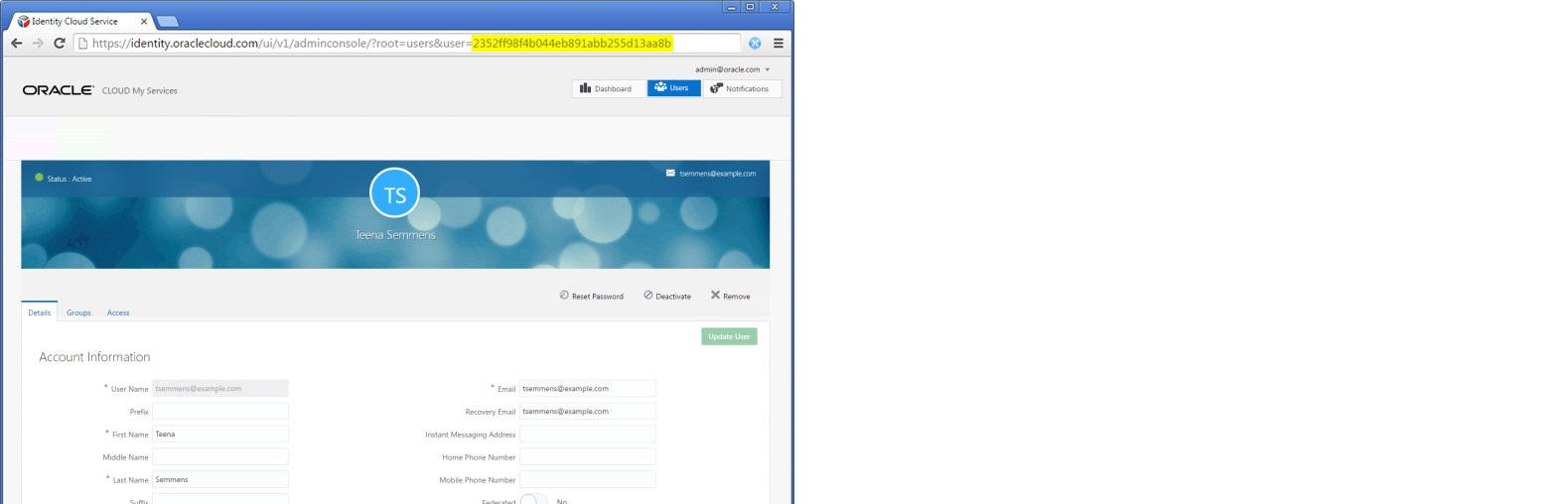 Browser window displaying the user profile page in Identity Cloud Service. The user unique id is highlighted in the address bar