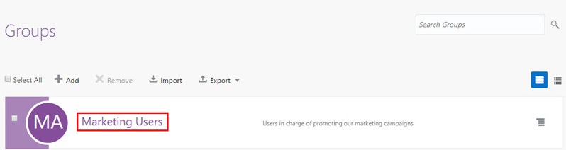 Oracle Identity Cloud Service UI group page displaying the Marketing Users group