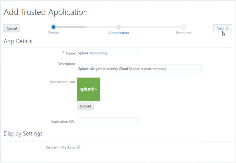 Creating Splunk Application in Identity Cloud Service UI