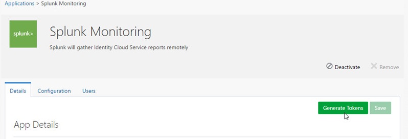 Splunk Monitoring Application Page. Mouse over Generate Tokens button.