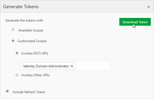 Identity Cloud Service Generate Tokens window. Mouse over the Download Token button.