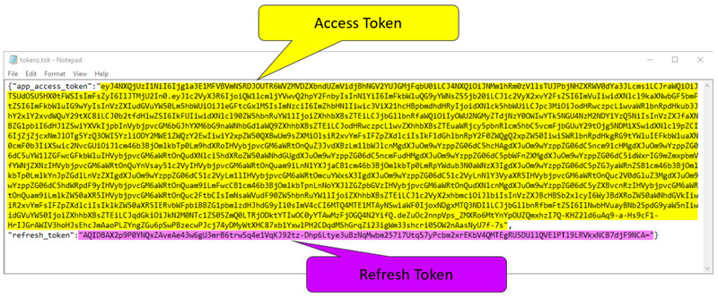 Text editor with the access token and refresh token highlighted.