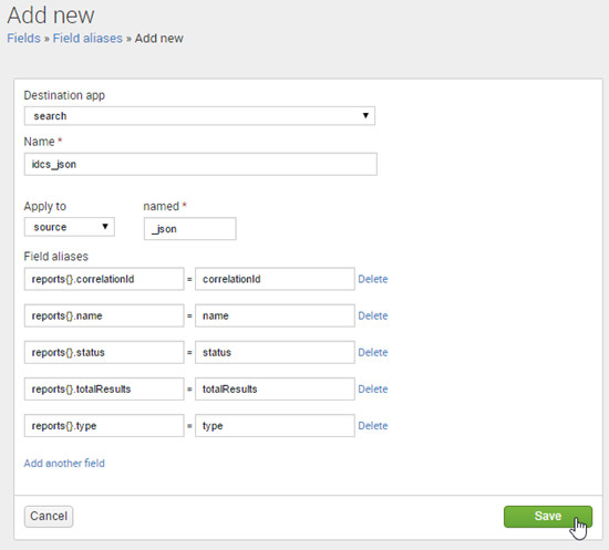 Splunk UI. Add field aliases screen