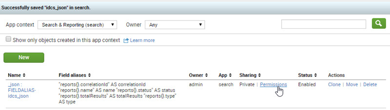 Splunk UI. Permissions next to aliases
