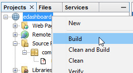 edashboard application in Netbeans, right-clicked and with mouse over Build.