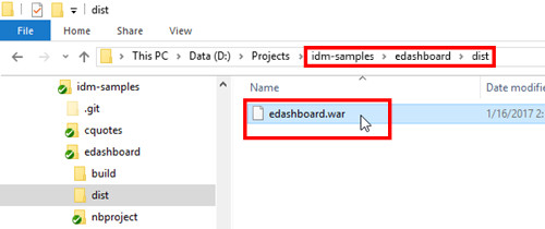 edashboard.war file displayed in windows explorer with the idm-samples/edashboard/dist folders highlighted.