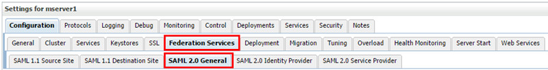 mserver1 settings menu. Federation Services and SAML 2.0 General options highlighted.