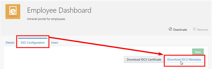 Identity Cloud Service. SSO Configuration tab with mouse over Download IDCS Metadata button.