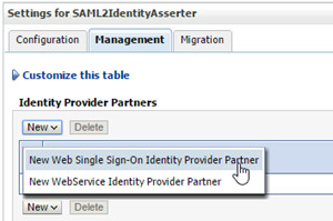 SAML2IdentityAsserter Settings page. Mouse over the 'New Web Single Sign-On Identity Provider Partner' button.