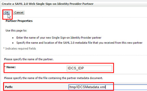 Create a SAML 2.0 Web Single Sign-On Identity Provider Partner page. Attributes fulfilled and mouse over the OK button.