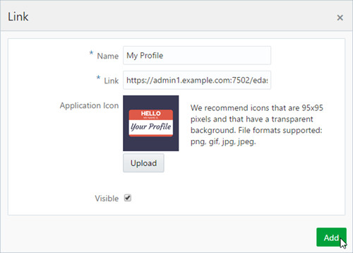 Employee Dashboard Add App Link dialog fulfilled for My Profile. Mouse over the Save button.