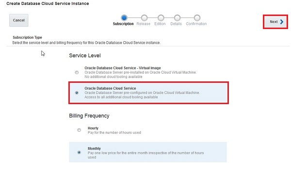 Create Database Cloud Service Instance - Subscription screen