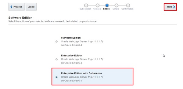 Create Java Cloud Service Instance - Edition screen