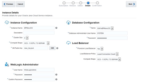 Create Java Cloud Service Instance - Details screen