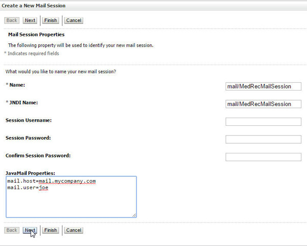 Enter Name, JNDI Name, and Java Mail Properties