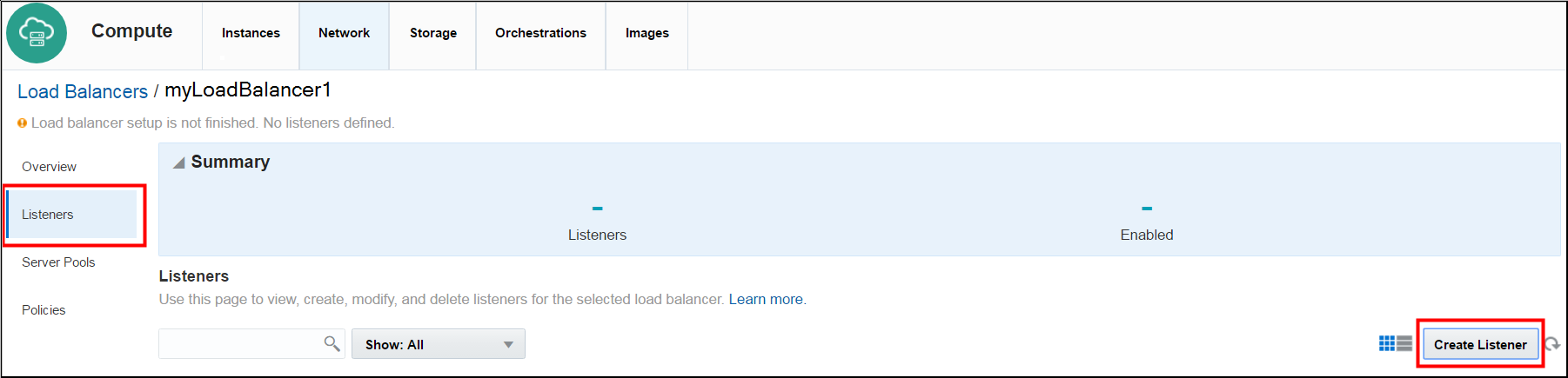 This image shows the Listeners option available in the Load Balancer page.