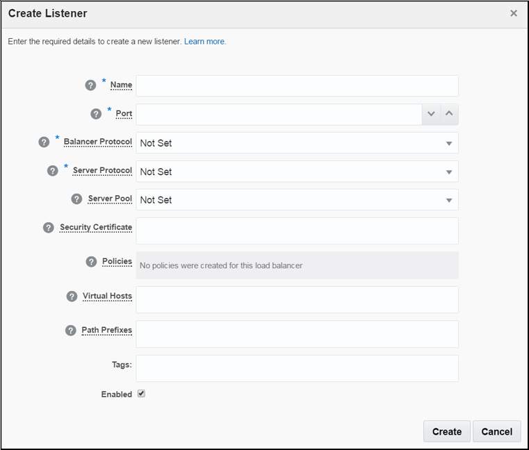 This image shows the Create Listener dialog box.