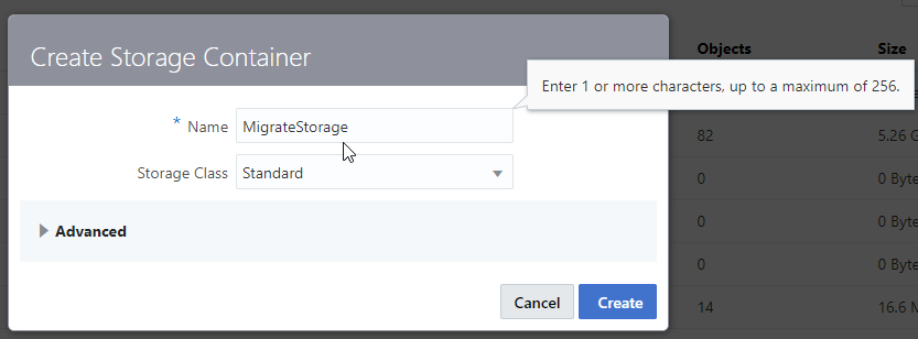 The Create Storage Container dialog box. Enter a name for the new container in the Name field and then click Create.