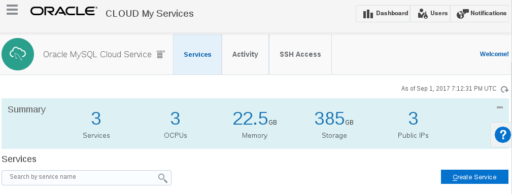 Cloud Service Console with Create Service Button