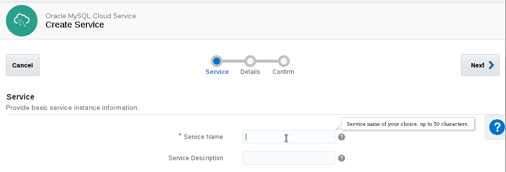 First Page of Create Service with Fields for Name and Service Description