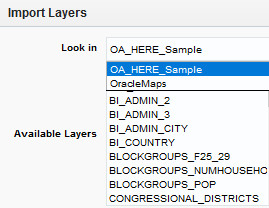 Verify the newly added OA_Here_Sample map data source in the import dialog box