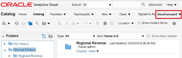 Notice that the user biauthoruser2 can access the Regional Revenue catalog folder