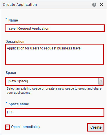 Create Application dialog box