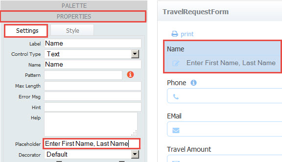 Name control settings properties