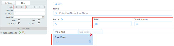 Email, Travel Amount, Travel Date style properties