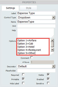 Expense Type Settings Properties