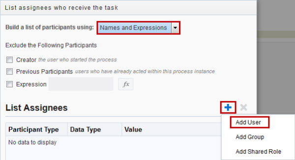 List assignees who receive the task dialog box