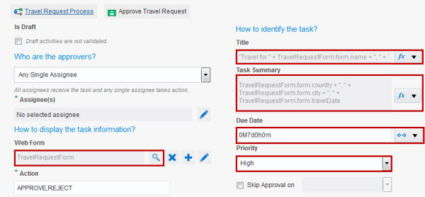 Approve Travel Request task properties
