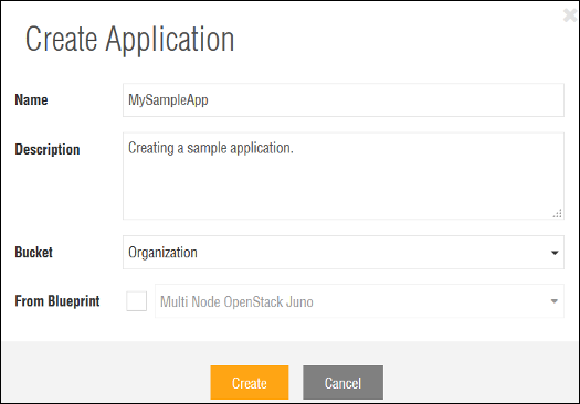 Create Application dialog with MySampleApp in the Name field
