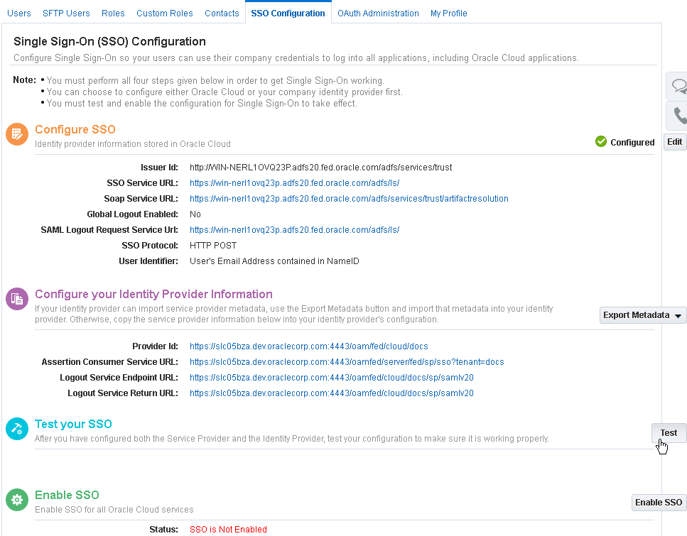 Oracle Cloud SSO configuration screen