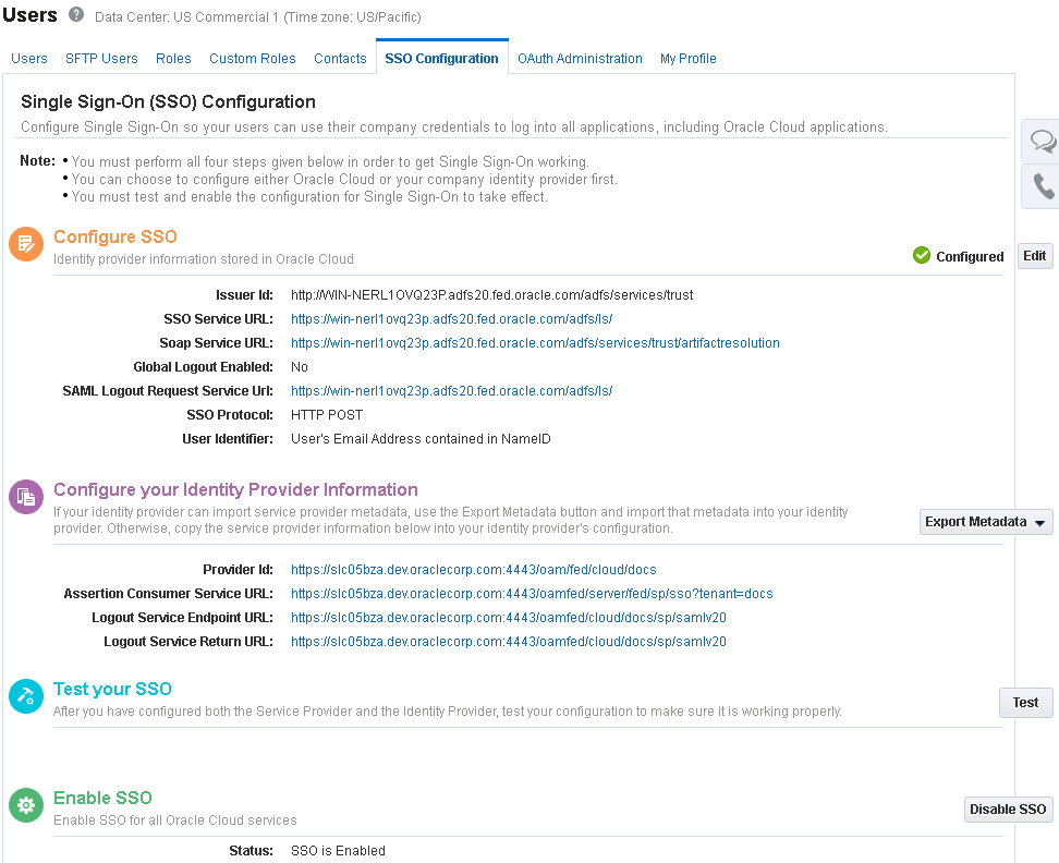 Oracle Cloud SSO configuration screen