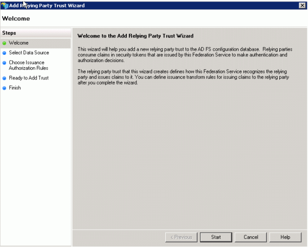 AD FS Management Window, Welcome page for the Add Relying Party Trust Wizard