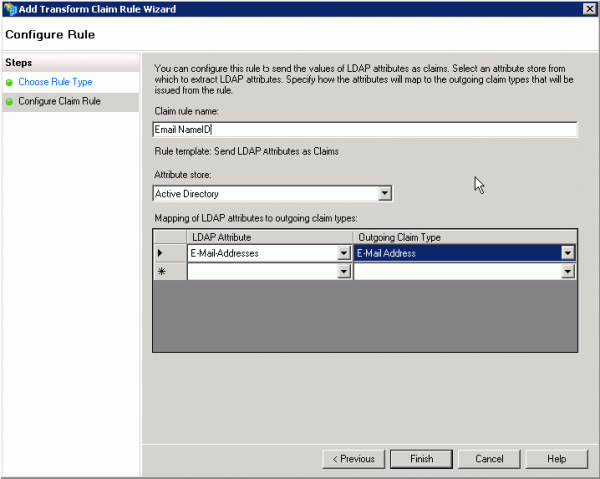 Add Transform Claims Rule window, Configure Claim Rule