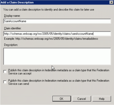 AD FS window, Claim Descriptions selected