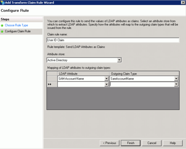 Add Transform Claim Rule wizard, Configure Claim Rule