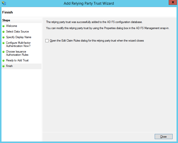 Finish window, Edit Claim Rules dialog deselected