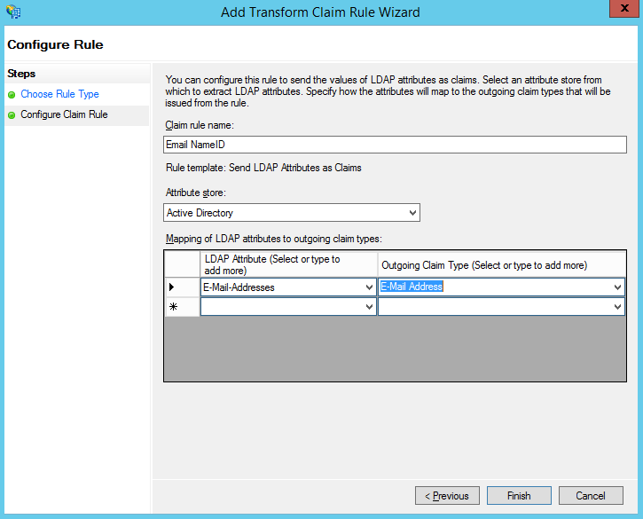 Add Transform Claims Rule window, Configure Claim Rule