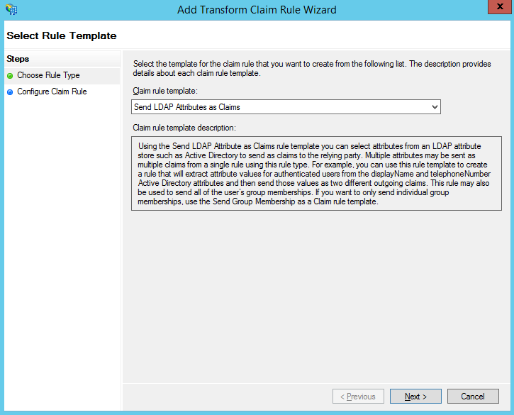Add Transform Claim Rule wizard, Choose Rule Type