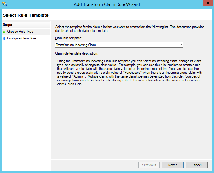 Add Transform Claim Rule Window Choose Rule Type