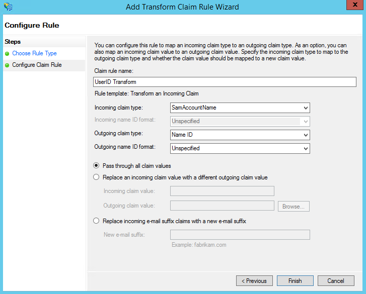 Add Transform Claim Rule Window, Configure Claim Rule