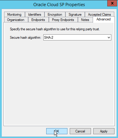 Properties dialog, SHA-2 selected
