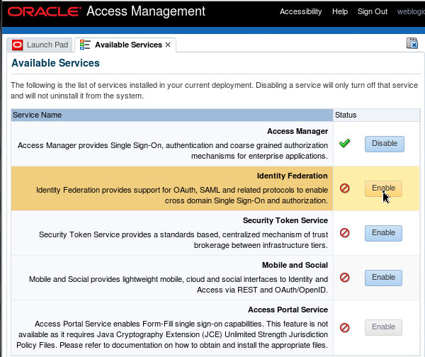 OAM console, Federation enabled
