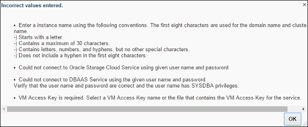 Incorrect values entered dialog box