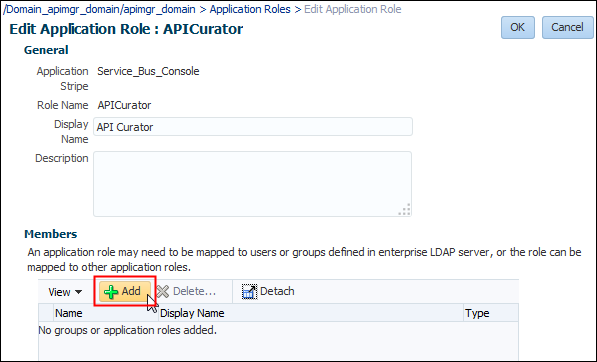 Edit Application Role:APICurator page