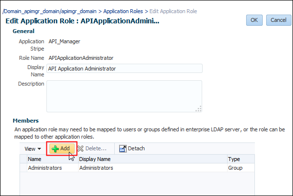 Edit Application Role: APIApplicationAdministratior page