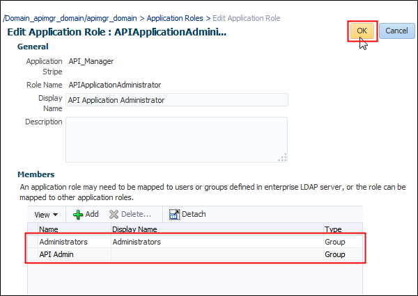 Edit Application Role: APIApplicationAdministrator page